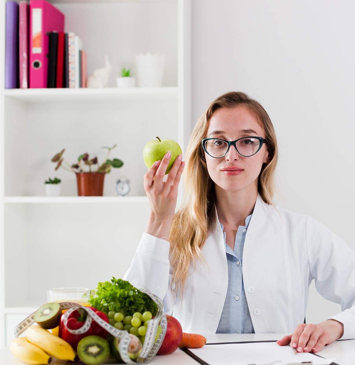 diet concept with female scientist healthy fooda